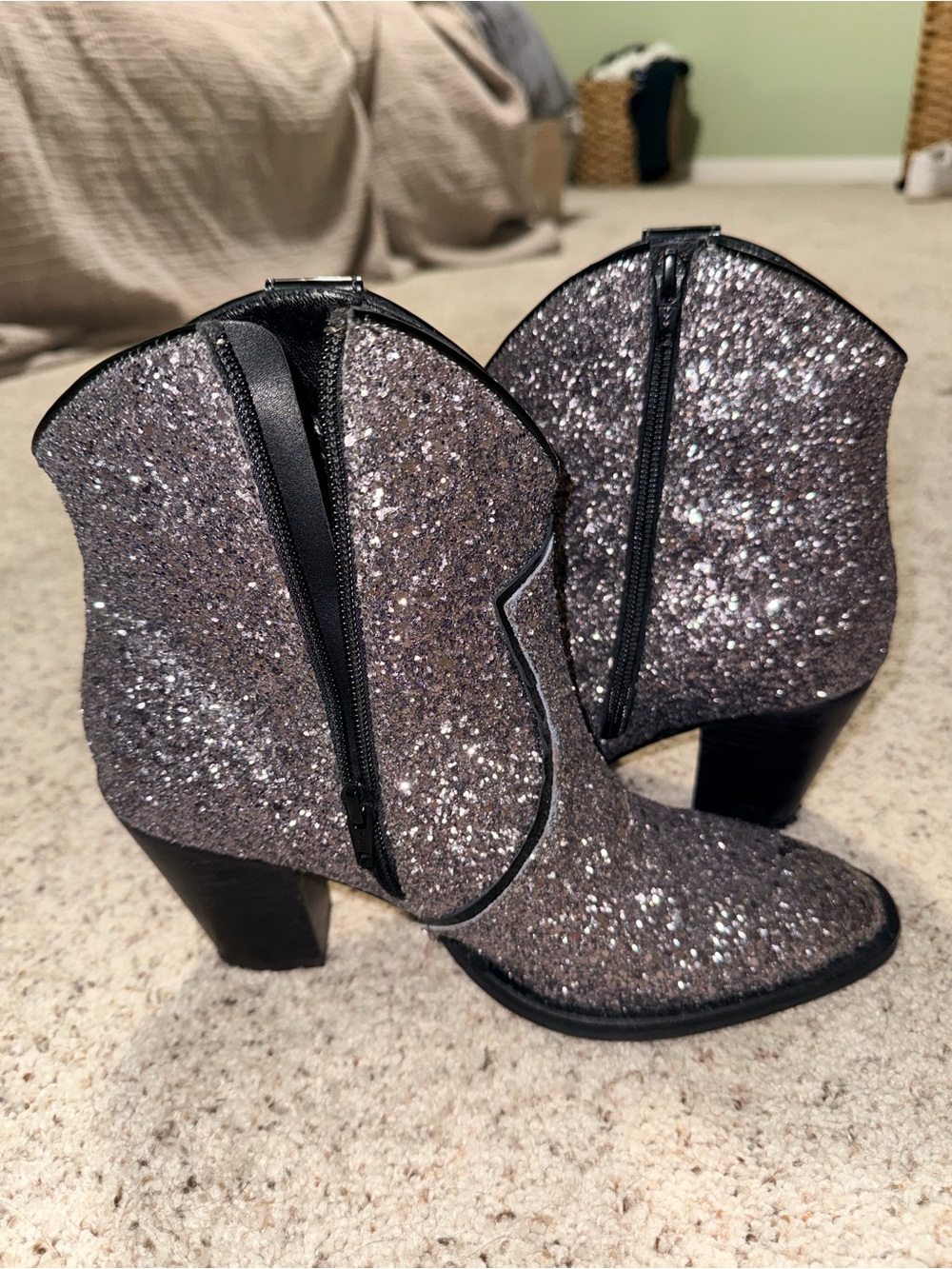 Idyllwind Silver Glitter Ankle Booties with Black Trim